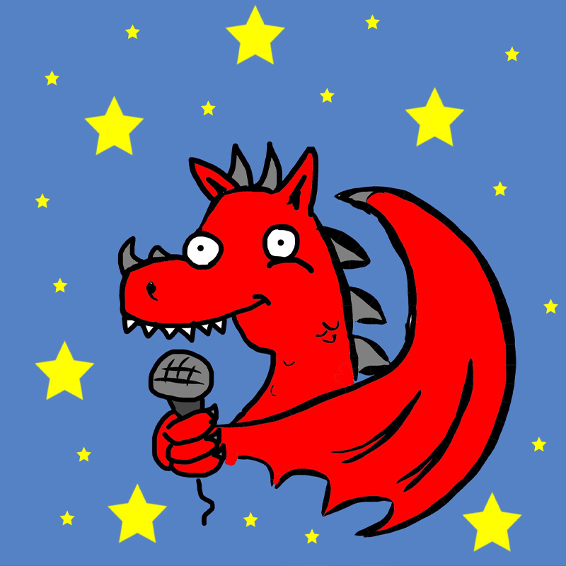 Clwb Carco logo - a cartoon red dragon holding a microphone