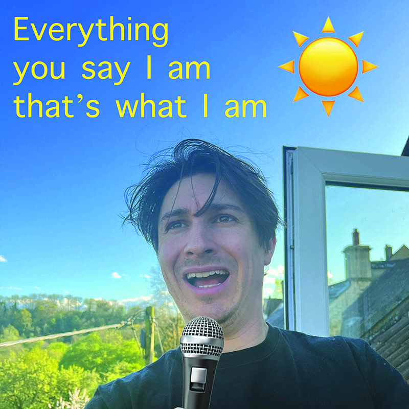 Picture of Tom Rosenthal with a microphone and sun photoshopped into the picture with the show title added in basic text in the sky