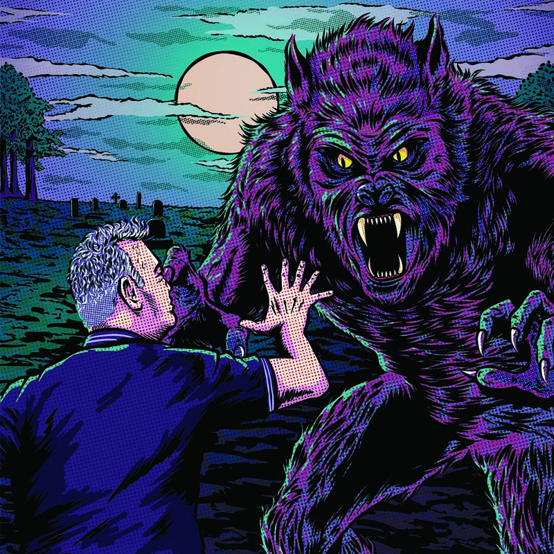 Cartoon-style image of Stewart Lee facing the Man-Wulf in a moonlit landscape