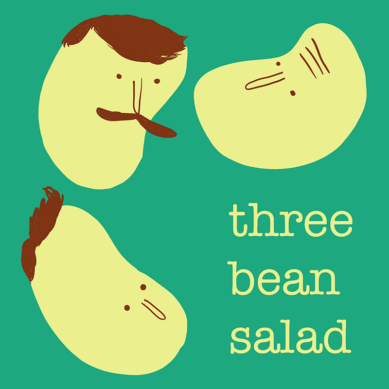 Three Bean Salad Podcast logo - three beans with the faces of Mike, Henry and Ben on them