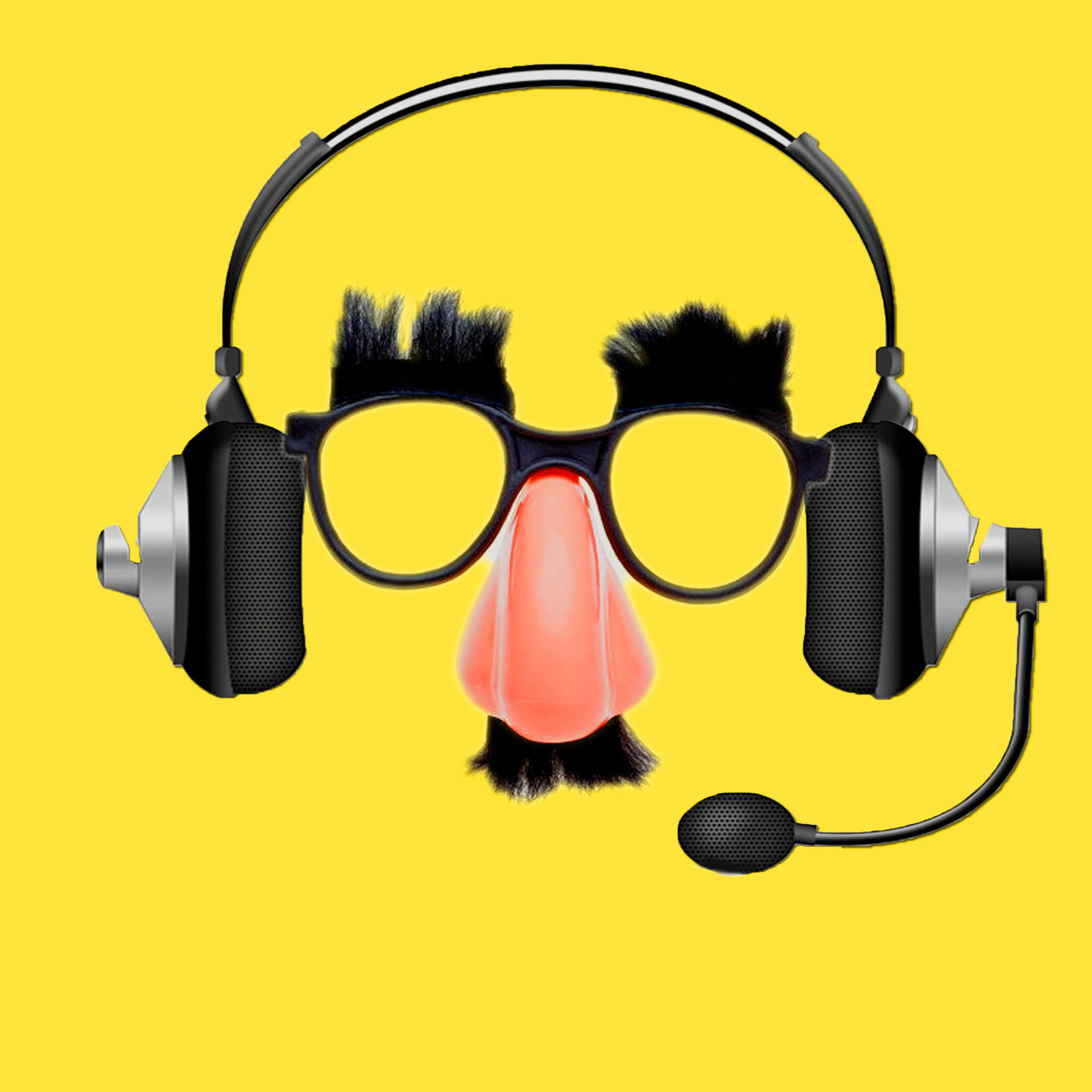 Photo of a joke shop nose and glasses with a headset and mic