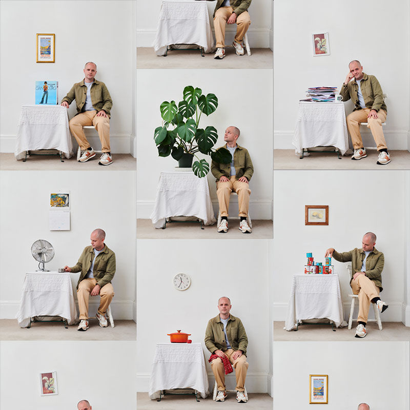 Multiple pictures of David Elms sat in a white room with different things in situ in each picture