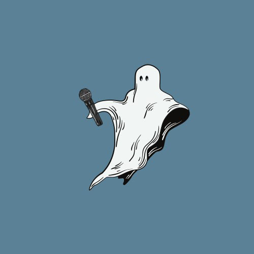 Illustration of a ghost with a microphone in hand