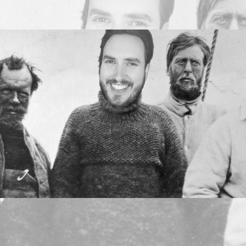 Crudley photoshopped image of Edward Easton's face onto an old photograph of Earnest Shackleton and crew