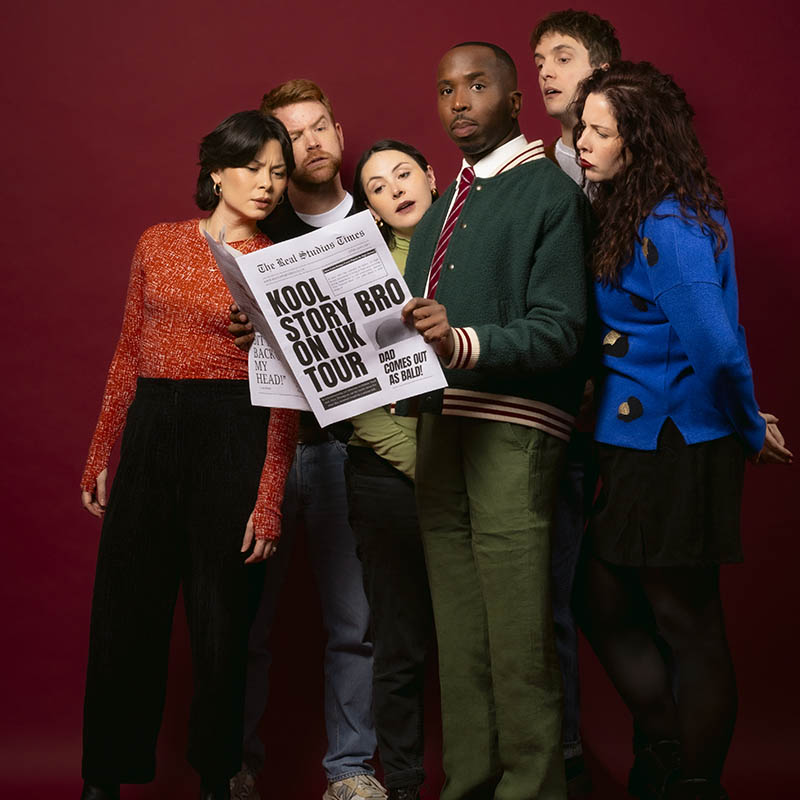 Photo of Kiell Smith-Bynoe and friends reading a newspaper with the headline "Kool Story Bro on tour"