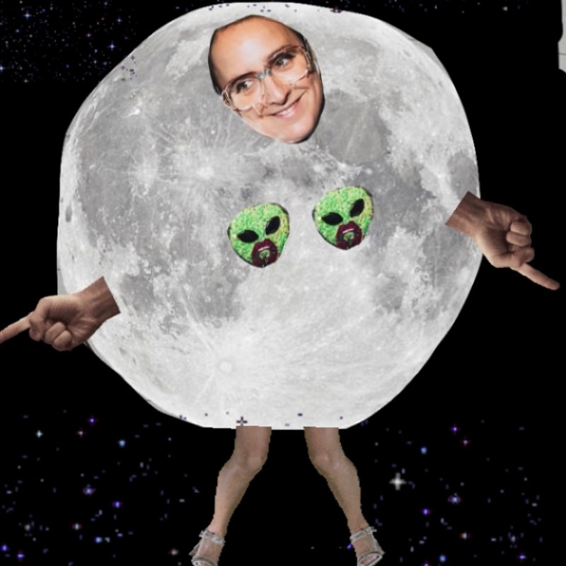 Photoshopped image of Lucy Pearman's face and arms poking out on the moon