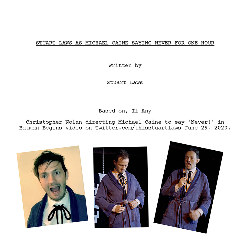 An image of a mock up of a film script about the show, including three pictures of Stuart Laws in character