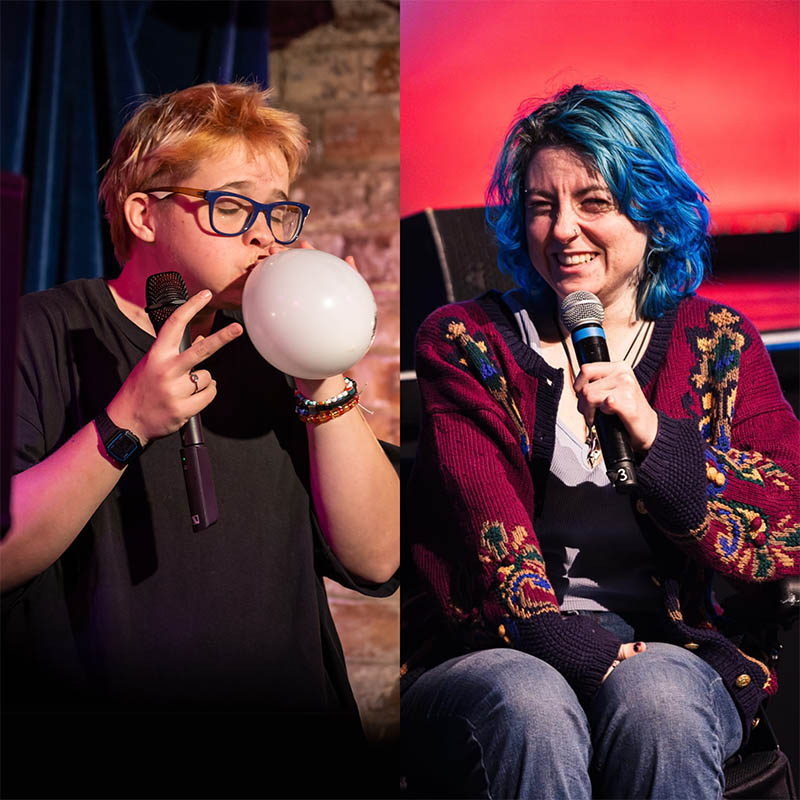 Two separate photos side by side -one of Cerys Bradley on stage inhaling a balloon, the other of Miggy Barker with a microphone in hand