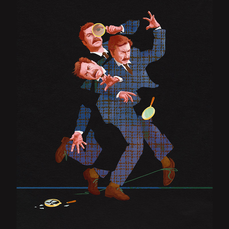 Mike Wozniak_aber26_web Multiple images of Mike Wozniak looking through a magnifying glass