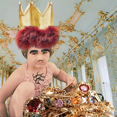 Picture of a small child with fake eyebrows and chest hair crudely scribbled on in pen, wearing a crown and sat in front of a pile of gold and jewels inside a lavish rooom