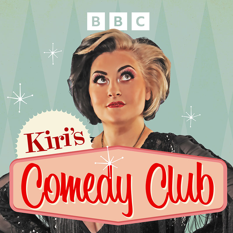 Picture of Kiri Pritchard-McLean with the Kiri's Comedy Club logo in front of her