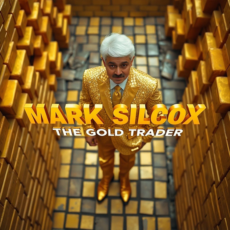 Photo of Mark Silcox in gold suit stood between stacks of gold bullion