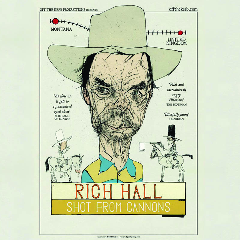 Caricature hand drawing of Rich Hall wearing a cowboy hat