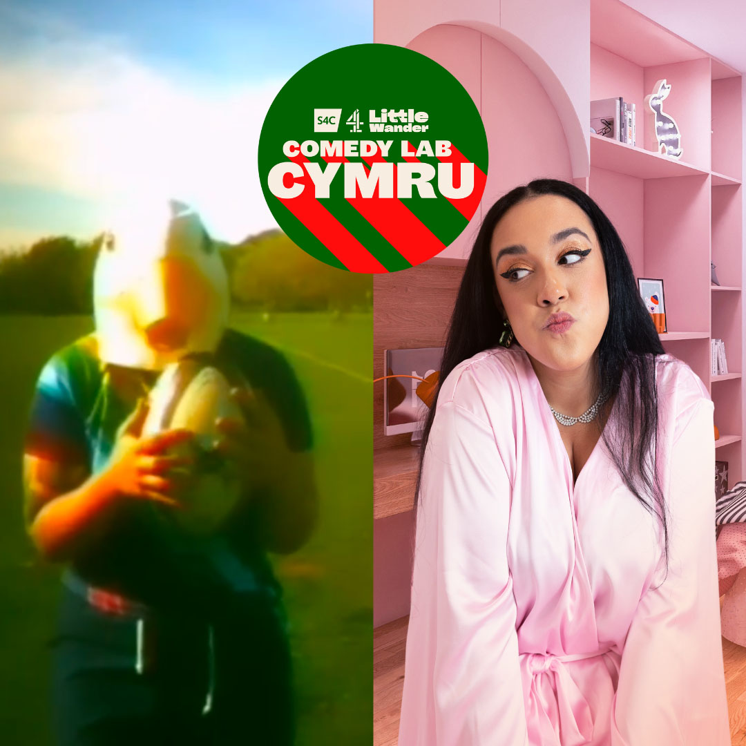 Split screen photo of of Cerys Bradley on the left wearing a rugby top, holding a rugby ball with a seagull mask on their head. Mel Owen is on the right in a pink bedroom wearing a pink dressing gown